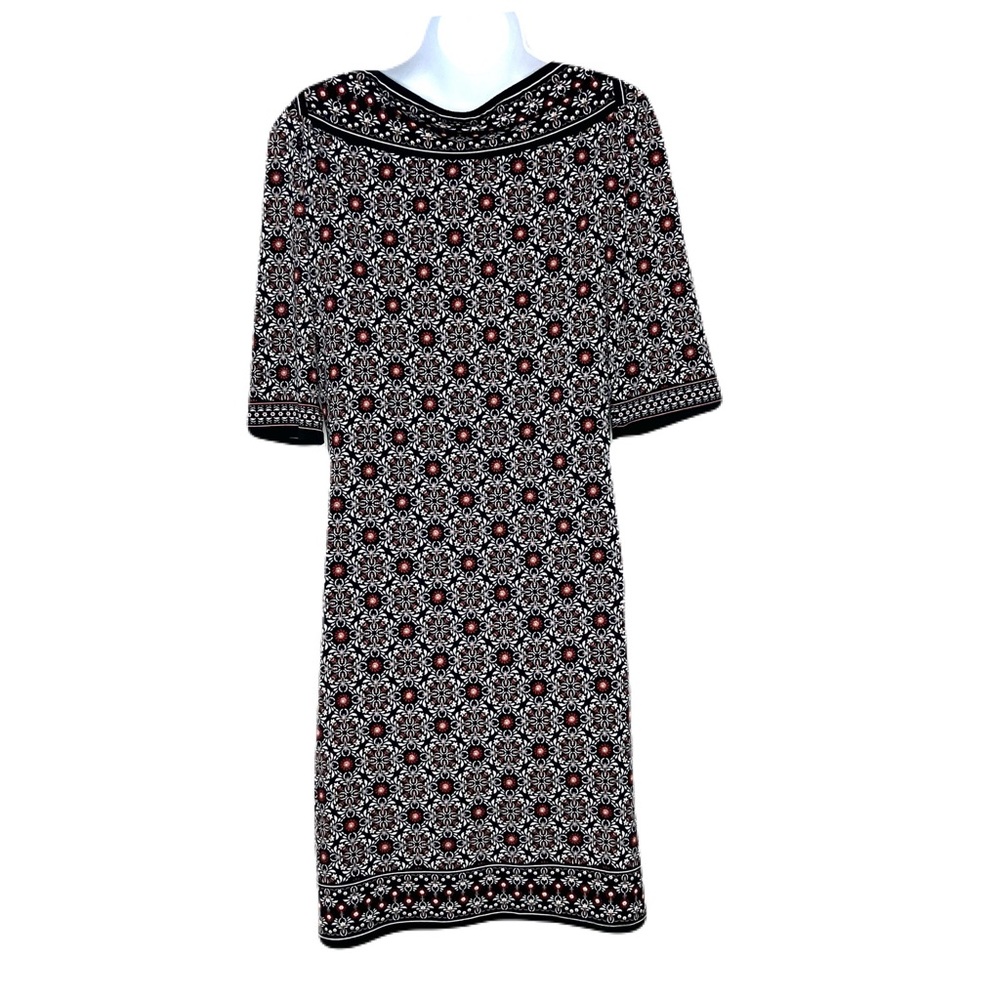 Max Studio Black and Red Geometric Floral Pattern Sheath Shift Dress
